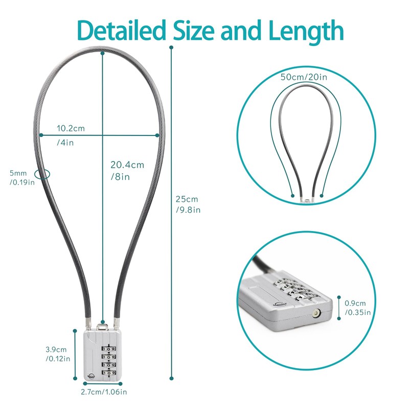 SISAV 50CM/20in Long Cable Locks Cable 4-Digit Combination Lock Re-settable