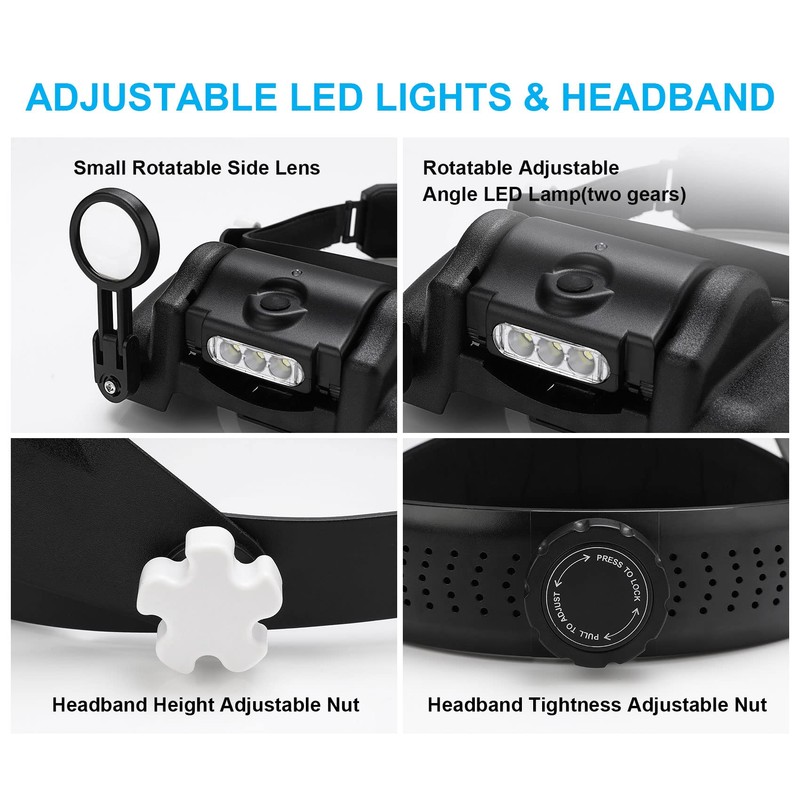Headband Magnifying Glass with Light, Rechargeable Head Magnifying Glasses 1X