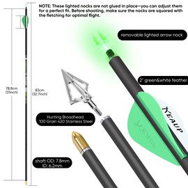 KEAUP 6 Pack 32 Inch Carbon Hunting Arrows with 100 Grain Hunting Broadheads and .244 Lighted Nocks Archery Arrows for Compound Bow Recurve Bow Archery Hunting (Green, Spine 350)