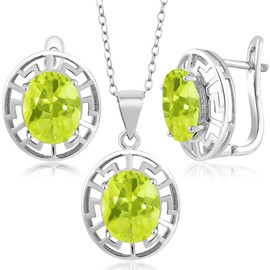 Gem Stone King 925 Sterling Silver 10X8MM Oval Gemstone Birthstone Greek Key Pendant and Earrings Jewelry Set For Women | With 18 Inch Silver Chain