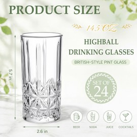 Patelai 24 Pack Tall Highball Glasses Set, 14.5 oz Pint beer Glasses Drinking for Beverages, Juice, Cocktail, Highball Drinking Tumbler Glass for Home Dining, Bars, Pubs and Party & Dishwasher Safe