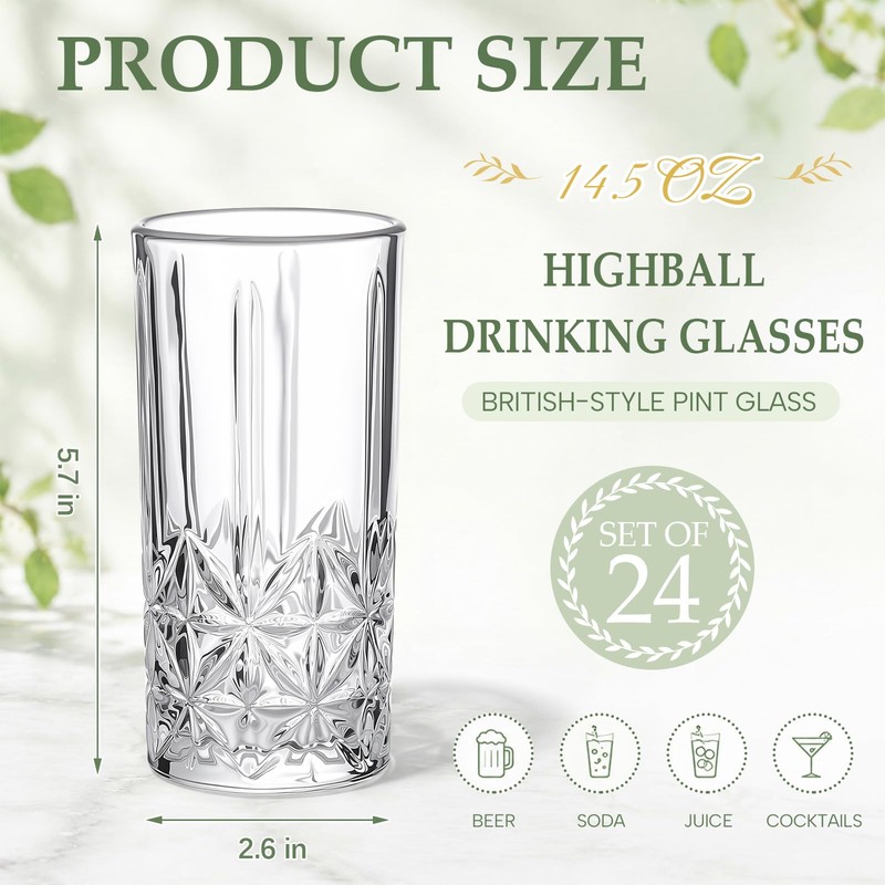 Patelai 24 Pack Tall Highball Glasses Set, 14.5 oz Pint