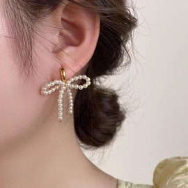 Aonklot Pearl Bow Earrings Pearl Earrings for Women Bow Earrings Gold Pearl Hoop Earrings Trendy Gifts for Teen Girls 2024