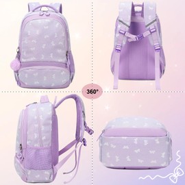 Dafelile 3Pcs Bow Backpack for Girls Glitter Backpacks set Primary School Daypack Elementary Kids School Bookbag with Furball Pendant(Bow Tie Purple)