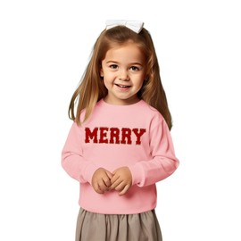 IZYJOY Toddler Baby Girl Christmas Sweatshirt Merry Chenille Patch Letter Print Crewneck Shirt Xmas Holiday Pullover Tops(Pink, 90<18-24M>)