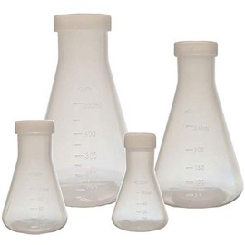 Plastic Erlenmeyer Flask Set with Screw Caps - 4 Sizes - 50, 100, 250, and 500ml, Polypropylene, Molded Graduations, Karter Scientific 252N9