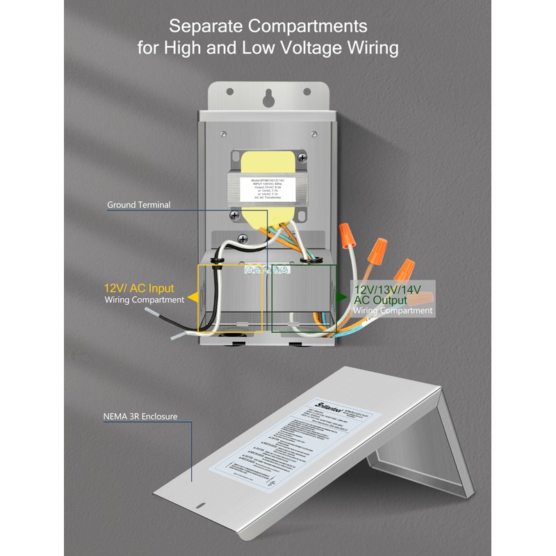 BRILLIANTOOL 100W Stainless Steel Casing Pool Light Transformer, Convert 120VAC