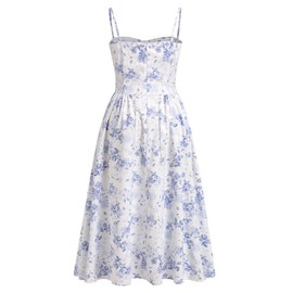 OBEEII Floral Corset Dress Womens Spaghetti Straps Low Cut Bustier Midi Dress with Pockted Flowy A-line Tea Party Dress Cottage core Summer Sundress Blue Floral S