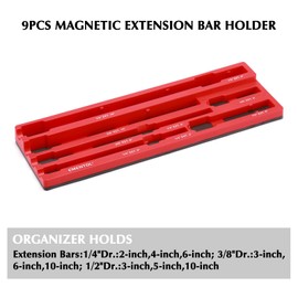 EMENTOL 9PCS Magnetic Extension Bar Holder, Red, 1/4", 3/8" and 1/2" Drive, Magnetic Ext. bars Organizer