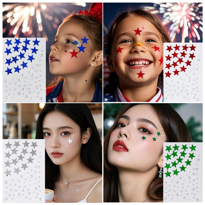 Sixberry Metallic 4th of July Blue Red Stars Face Gems