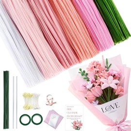 540Pcs Pipe Cleaners Craft,6 Colors Pipe Cleaners Bulk,Chenille Stems for DIY Flower Making Kit with Floral Wires,Tape,Stamen,Ribbon & 15 Video Tutorials for Party Decorations,Gifts (Pink, 12in x 7mm)