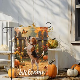 Welcome Fall Garden Flag 12x18 Inch Beagle Garden Flags Double Sided Vertical Outside Patio Burlap Autumn Pumpkin Small Beagle Hound Decor Villa Yard Lawn Thanksgiving Decoration