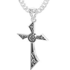 US Jewels Men's 35mm Solid 925 Sterling Silver Modern Style Celtic Cross Pendant Necklace 3.7mm Curb Necklace, 22in