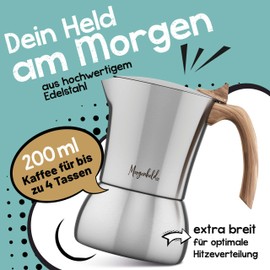 Morgenheld Premium Stainless Steel Espresso Maker Small with Reducing Strainer for 2 to 4 Cups 200 ml – Espresso Maker Suitable for Induction Cookers – Espresso Pot with Reducer Insert for Induction