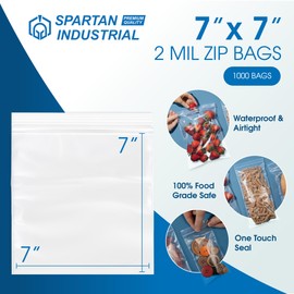 Spartan Industrial - 7” X 7” (1000 Count) 2 Mil Clear Reclosable Zip Plastic Poly Bags with Resealable Lock Seal Zipper