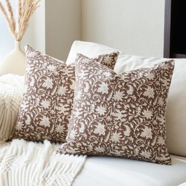 FIOUOVO Floral Throw Pillow Covers 18x18 Farmhouse Block Print Pillow Covers Decorative Pillow Covers Couch Pillows for Living Room Vintage Accent Sofa Pillows Set of 2, Brown