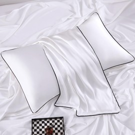 YIYEA Rayon Derived from Bamboo Satin Pillow Cases Set of 2, Similar to Silk, Zipper Closure, Queen Size, White