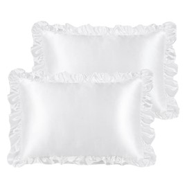 PiccoCasa Satin Ruffle Cool Rayon Envelope Type Pillow Case Set of 2 Pillow Cases Soft Like Silk Double-sided Pillowcase Solid Color Odor Resistant Beautiful Hair Skin White 16.9 x 24.8 inches (43 x