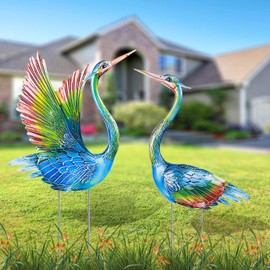 Suzile 2 Pack Garden Crane Statues Outdoor Heron Garden Animal Sculpture Metal Large Birds Lawn Sculptures and Statues for Patio Pond Patio Porch Outside Decorations