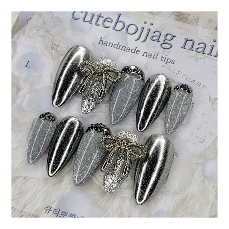 Metallic Silver Handmade Nail Tips - Oval M / 메탈릭