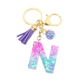 Fuqimanman2020 Glitter Letter A-Z Keychain Pink Blue Resin Alphabet Initial Letter Pendant Accessories with Purple Tassel Glass Ball-N
