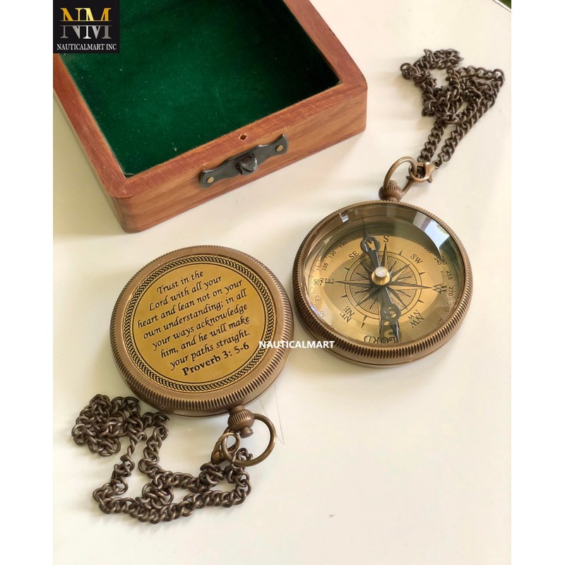 Brass Compass Gift with Display Box - Engraved Scripture Prayer