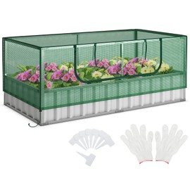 HAPPYGRILL Galvanized Raised Garden Bed with Cover, 69” x 36” x 28” Galvanized Raised Planter Box with Roll up Window, A Pair of Gloves & 8PCS T Tags, Outdoor Planter Raised Beds for Flowers, Herbs