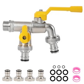 Messing Doppelgartenhahn, 1/2 Zoll Doppelauslass Gartenhahn Rost und Frostschutz Doppelauslasshahn für Garten Waschmaschine Regenfass mit 4 Schlauchanschlüsse