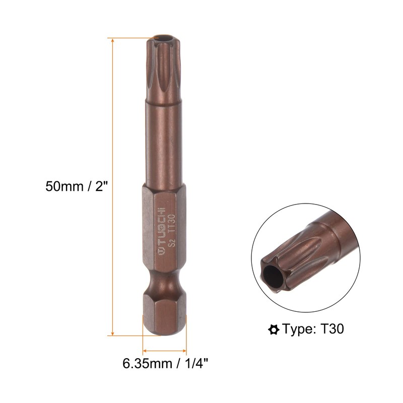 sourcing map 2pcs T30 Torx Bit 1/4" Hex Shank 2"