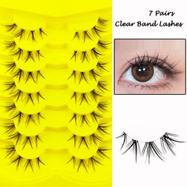 7 Pairs of Clear Band False Eyelashes, Cat Eye, Natural Artificial Eyelash Extensions, Fox Eye, Artificial Cluster Eyelashes, Natural Look, Reusable, Lightweight Faux Mink Eyelashes (03)