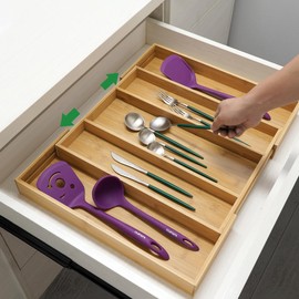 Utoplike Bamboo Expandable Kitchen Drawer Organizer, Adjustable Utensil Holder and Cutlery Tray Organiser, Drawer Divider for Silverware, Flatware, Knives in Kitchen, Bedroom, Living Room, 5 Slot