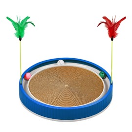 20-Inch Round Cat Scratcher with Ball Track – 3-in-1 Cardboard Scratching Pad with Feather Toy & Non-Slip Base – Interactive Cat Toy for Indoor Cats, Kittens & Large Cats (Blue)