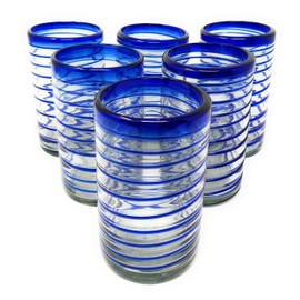 Hand Blown Mexican Drinking Glasses – Set of 6 Glasses with Cobalt Blue Spiral Design (14 oz each)