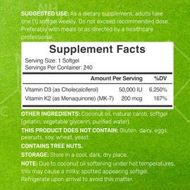 DEAL SUPPLEMENT Vitamin D3 50,000 IU + K2 MK7 200mcg Softgels, 240 Count | 2-in-1 Complex with Virgin Coconut Oil | Supports Heart, Bone, Teeth & Immune Health | Easy to Swallow