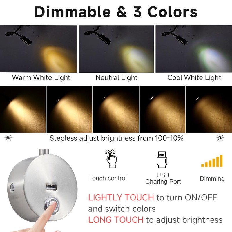 Dimmable Wall Mounted Reading Light with USB Charging Port, Plug-in