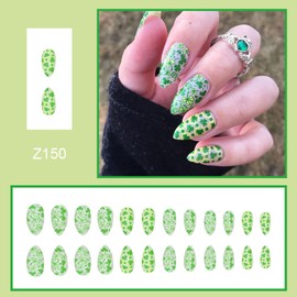 St. Patrick's Day Press on Almond Nails 24Pcs Artificial Fake Nails with Green Clover Designs Shamrocks Glossy Full Cover Medium Acrylic Reusable False Nails Glue Stick on Fingernails for Women Girls