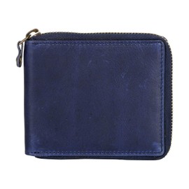 Liberty Leather - Blue Bi-Fold Round Zipper Wallet with RFID Blocking Technology | Slim and Sleek Cow Hide Leather Multi Slot Wallet for Men and Boys