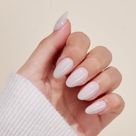 VSALON Press-On Nails - Short Almond Semi-Transparent White Cream Finish Fake Nails, 32 PCS in 16 Sizes, Reusable Nail Kit with Long-Lasting UV Glue, Adhesive Tabs & Nail Glue (Pearl Glow)