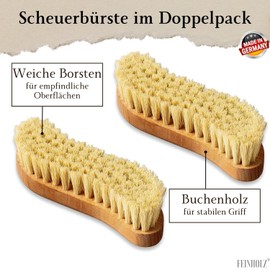 FEINHOLZ® Set of 2 Scrubbing Brushes with Natural Bristles Soft Plastic-Free Made in Germany Carpet Brush, Root Brush, Scrubber Brush, Soft Brush, Cleaning Brush, Natural Bristles