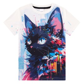 TUPOMAS Girls Shirts Cat Print Size 7 8 Kids Animal Graphic Tees Clothes Short Sleeve 7-8 Years