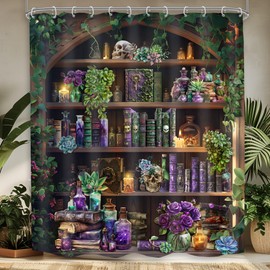 Mitpok Extra Long Gothic Skull Shower Curtain 72Wx84H Black Spooky Witchy Bookshelf Wizard Vintage Succulent Unique Cool Bathroom Decor Mysterious Bath Curtain Fabric Polyester 12 Pack Hooks