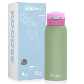 koodee Kids 16oz Free-sip Insulated Stainless Steel Water Bottles with Soft Straw,Quick Flip GO Bounce Cup Thermo-flask,Pop & Fill Double-Wall Vacuum Bottle, for School, Sports,Travel(Pink Avocado)