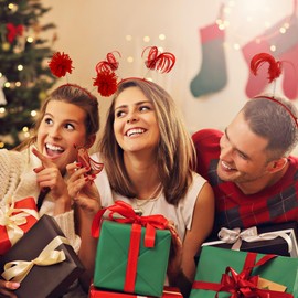 COCIDE 8Pcs Pom Pom Headbands Party Headbands Tinsel Wrapped Ponytails Headbopper Headwear for Birthday Festival (Red, One size)