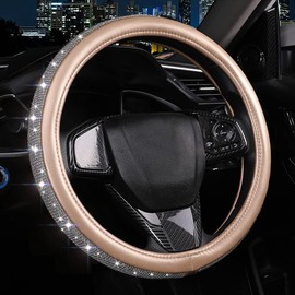 Bling Diamond Leather Steering Wheel Cover, Golden Steering Wheel Covers for Women Girls with Crystal Rhinestones, Universal Fit 15 Inch Car Steering Wheel Bling Cover Accessories