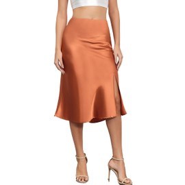 ALCEA ROSEA Women Satin Split Side Midi Skirt Elastic Waist Fishtail Silky Skirt Work Party Pencil Bias Cutting Skirt (Caramel,Large)