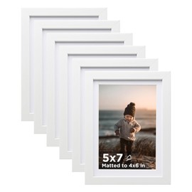 KINLINK 5x7 Picture Frame White Set of 6, Wooden Photo Frames Matted 4x6 with Plexiglass for 4x6 with Mat or 5x7 without Mat for Table and Wall Display
