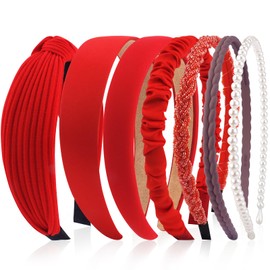 VELSCRUN Headbands for Women 7 Pcs Different Red Knotted Solid Pearl Head Bands Non Slip Hair Band for Womens Gilrs Thin Thick Short Hair Fashion Accessories