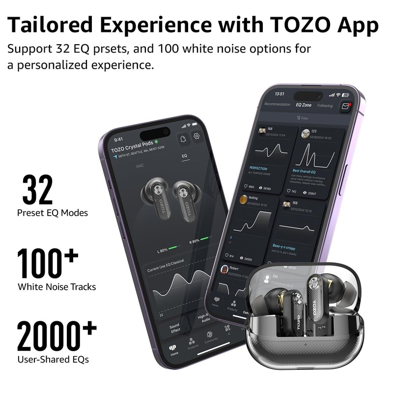 TOZO Crystal Pods Hybrid Active Noise Cancelling Wireless Earbuds Bluetooth