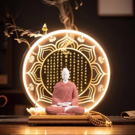 TXYXT Shakyamuni Buddha Ceramic Statue Indoor Backflow Incense Burner with Led Ring Light Heart Meridian Painting，Meditation Decoration for Home and Office, Suitable for Cone and Stick Incense