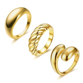 LIAN 18K Gold Plated Chunky Dome Ring Teardrop Croissant Twisted Braided Gold Plated Ring Chunky Signet Ring for Women Wide Statement Wedding Ring Minimalist Size 6 to 8